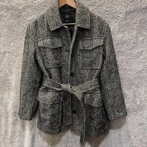 GAP Jacket Herringbone Womens Black White Belted Utility